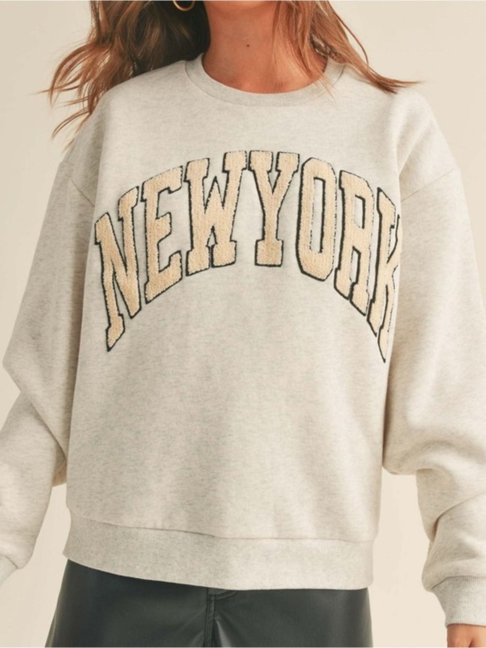 Miou Muse New York Boucle Letter Patch Heather Crewneck Sweatshirt Size Small
